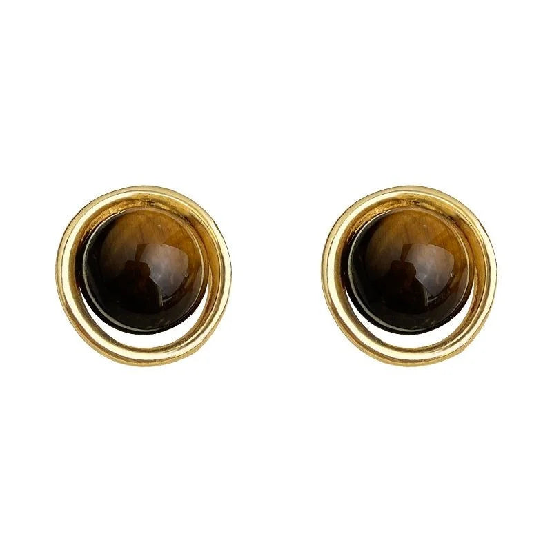 Natural Tiger Eye Stone Round Geometric Line Stud Earrings Vintage Maillard Style Jewelry