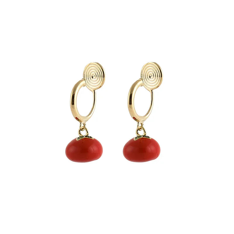 Vintage Chinese Persimmon Fruit Enamel Alloy Dangle Hoop Stud & Clip On No Piercing Earrings