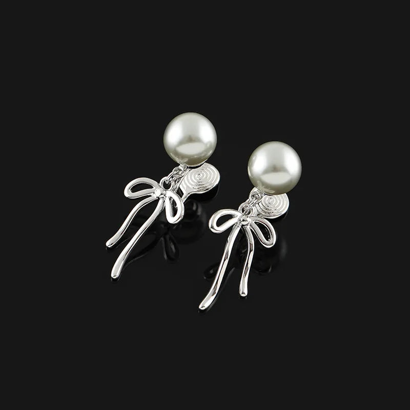Elegant Sweet Pearl Bowknot Long Tassel Alloy Spiral Disc Stud & Clip On No Piercing Earrings