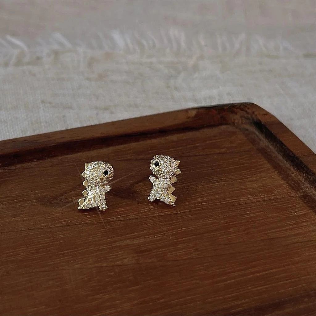 Mini Dinosaur Stud Earrings For Women 14K Plated Copper Micro Pave Zircon Cute Animal Jewelry