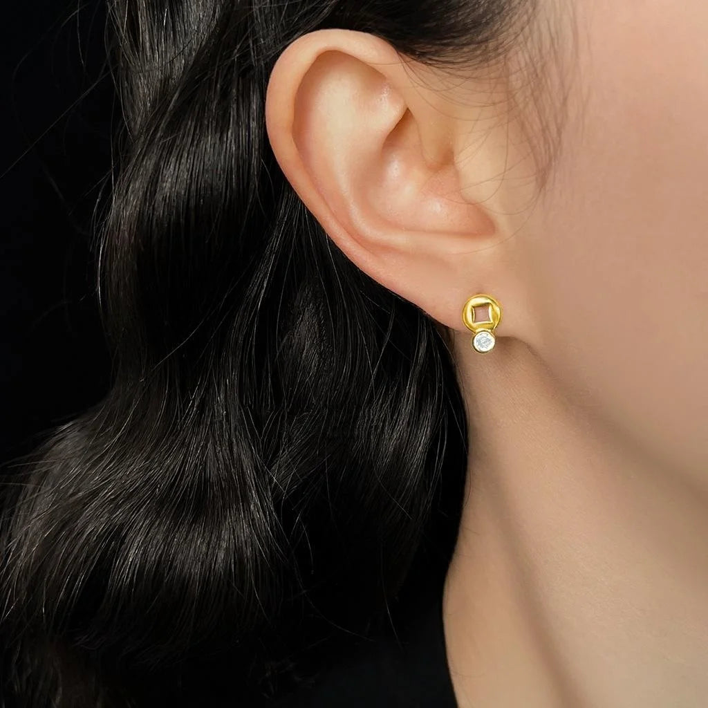 14K Plated Copper Asymmetric AB Micro Pave Zircon Circle Ring Stud Earrings