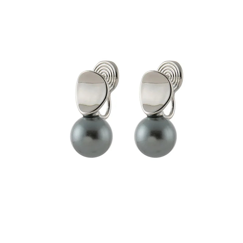 Elegant Grey Pearl Geometric Swirl Alloy Silver Tone Stud & Clip On No Piercing Fashion Earrings