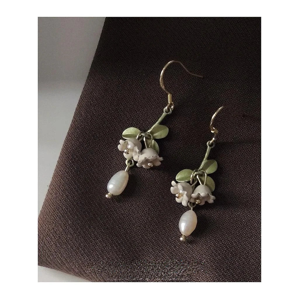 Handmade Lily Of The Valley Freshwater Pearl Green Enamel Tassel Drop Earrings