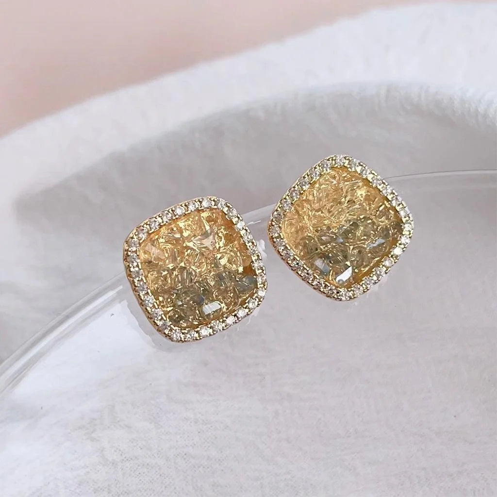 14K Plated Copper Square Glass Crystal Zircon Geometric Minimalist Stud Earrings For Women
