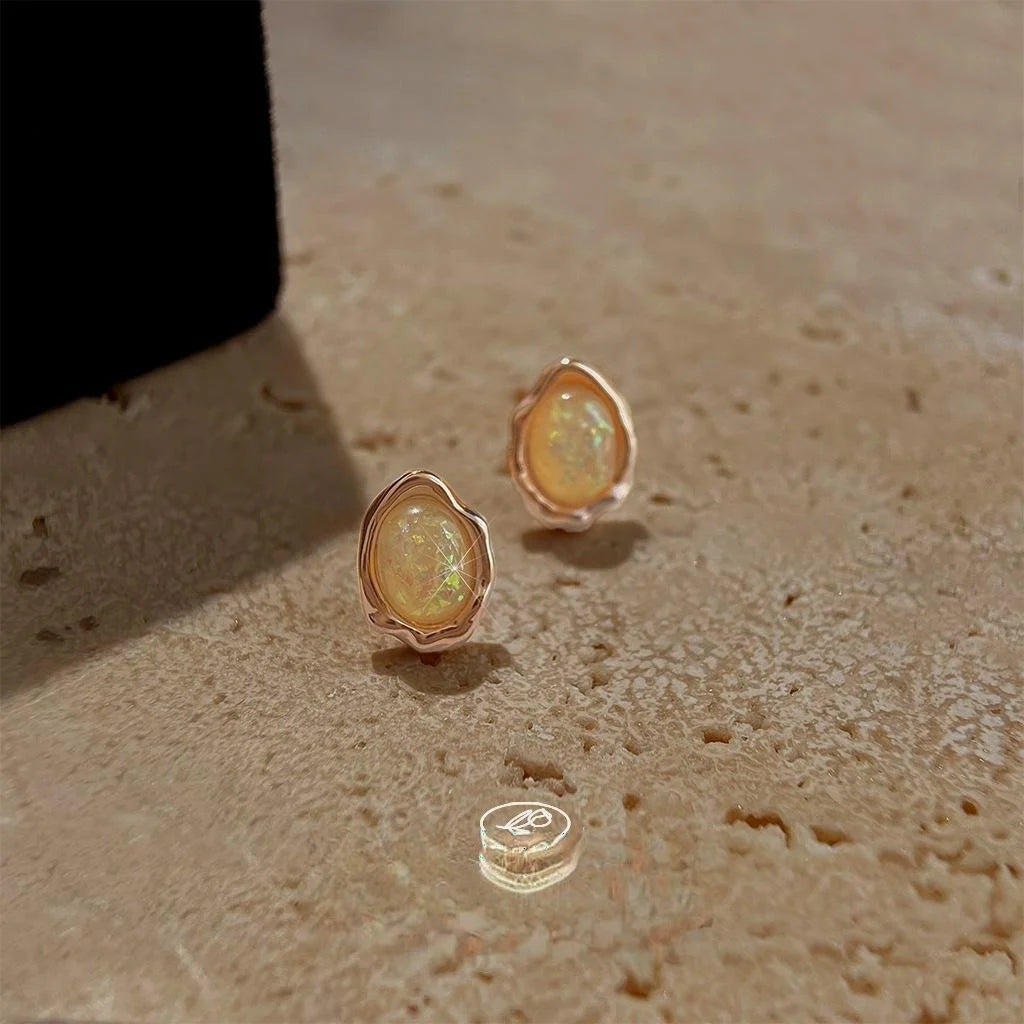 French Vintage Irregular Synthetic Opal Mini Stud Earrings Copper