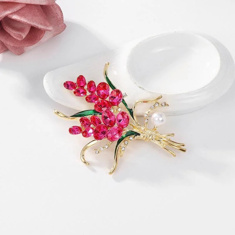 Elegant Red Rhinestone Wheat Bouquet Brooch With Pearl And Enamel Leaves, Gold Alloy Lapel Pin Gift