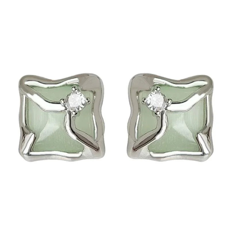 Minimalist Copper Glass Cat Eye Stone Square Stud Earrings With Pave Zircon