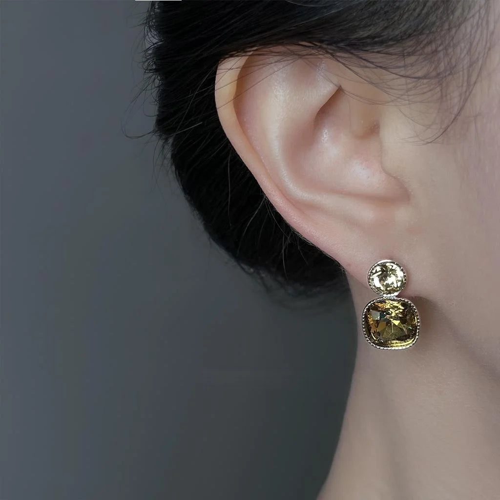 French Vintage Geometric Glass Crystal Drop Earrings Copper Square Luxury Palace Style Jewelry