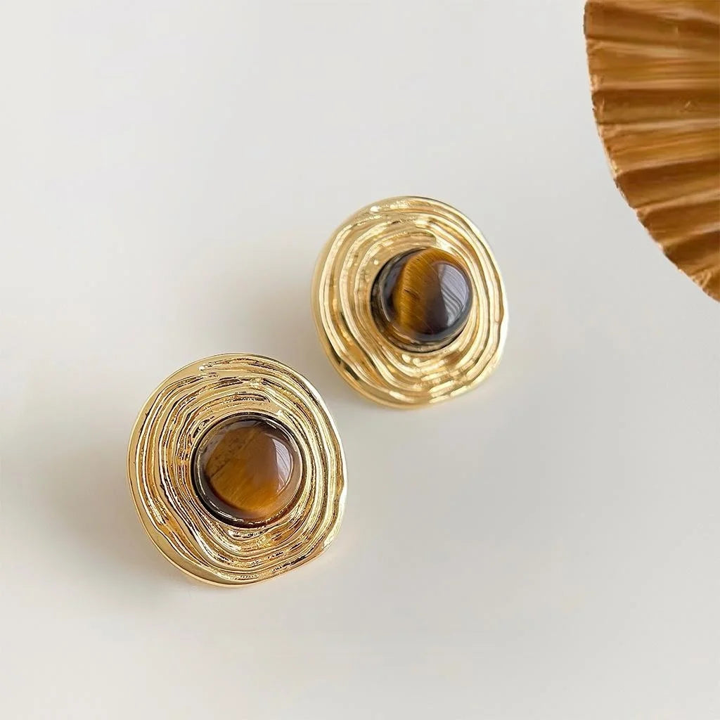 14K Gold Plated Tiger Eye Round Geometric Stud Earrings For Women Vintage Copper Jewelry