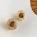 14K Gold Plated Tiger Eye Round Geometric Stud Earrings For Women Vintage Copper Jewelry