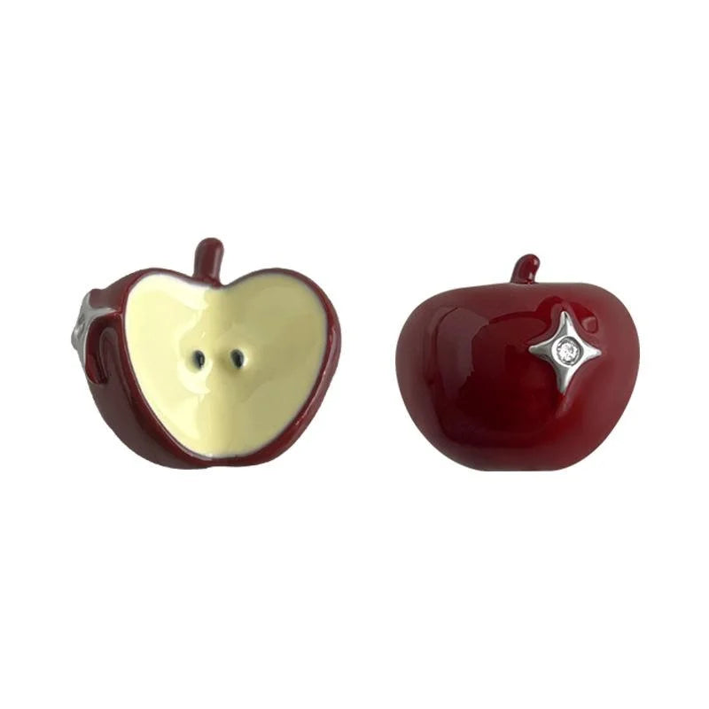 Style Copper Enamel Burgundy Apple Stud Earrings With Zircon Asymmetric AB Design