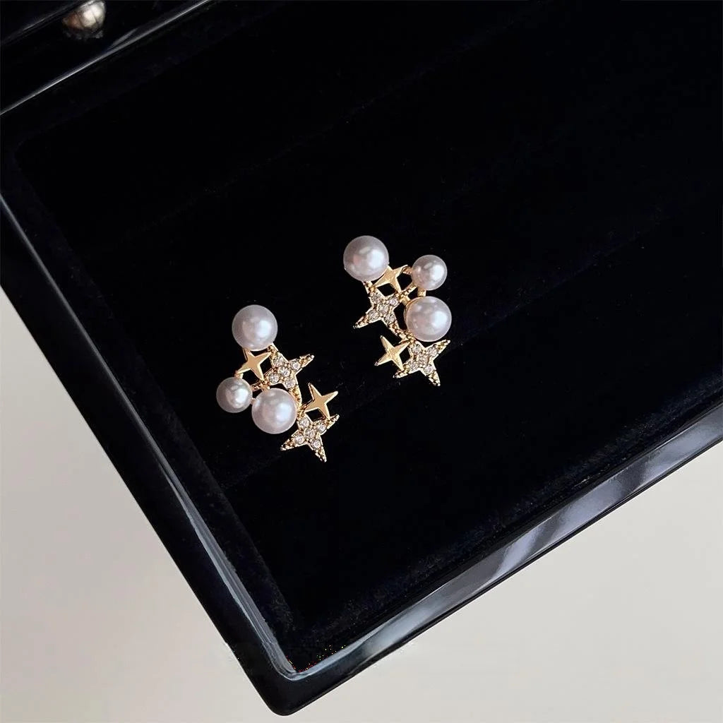 Light Luxury Copper Micro Pave Zircon Star Stud Earrings With High Luster Pearl Geometric Design