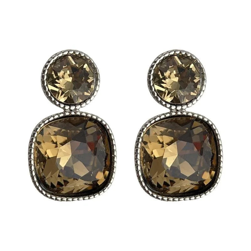 French Vintage Geometric Glass Crystal Drop Earrings Copper Square Luxury Palace Style Jewelry