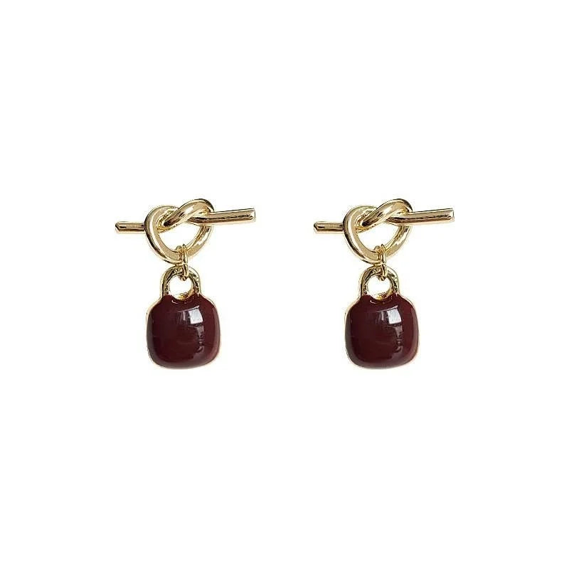 Burgundy Enamel Rope Knot Heart Bow Drop Earrings Copper Hong Kong Style Designer Jewelry