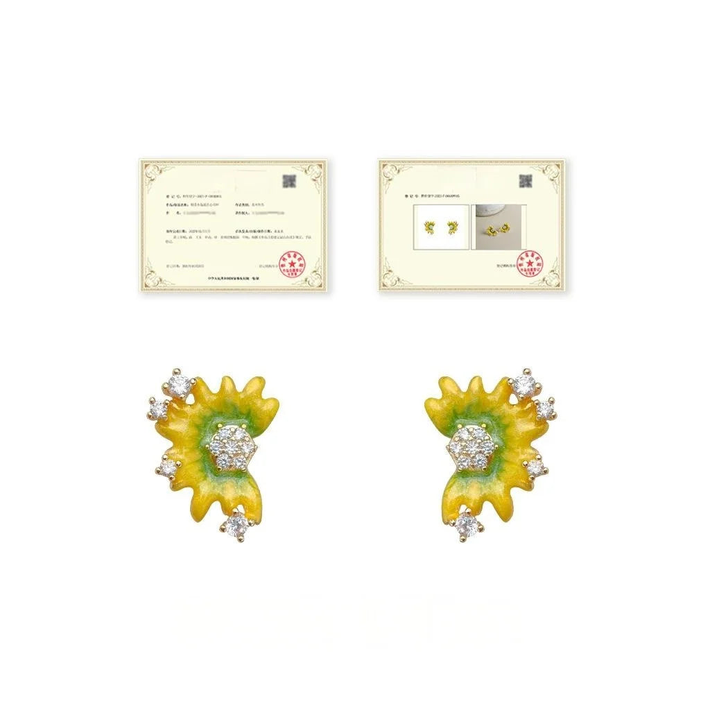 Hand Painted Sunflower Stud Earrings Micro Pave Zircon Copper Fashion Jewelry