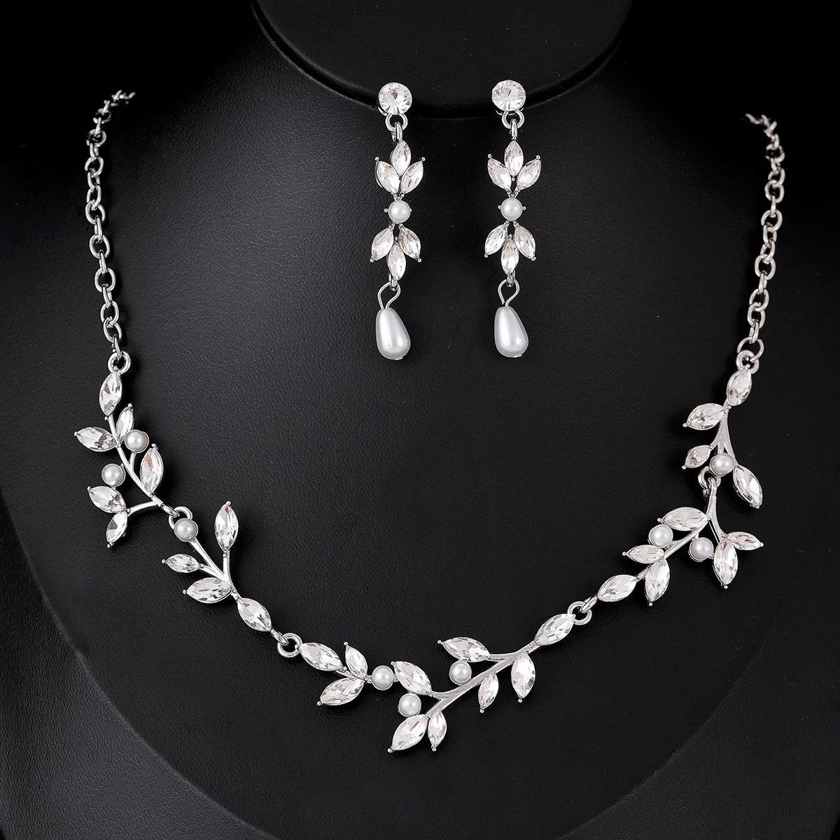 Elegant Bridal Pearl Rhinestone Leaf Necklace Earrings Jewelry Set For Wedding Party Banquet Gift
