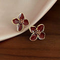 French Vintage Burgundy Enamel Flower Stud Earrings 14K Gold Plated Copper Fashion Jewelry