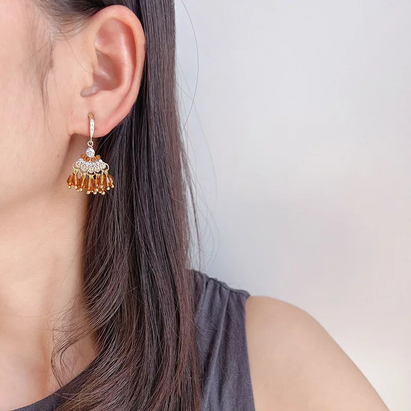 Vintage Fan Tassel Amber Crystal Rhinestone Alloy Stud & Clip On No Piercing Drop Earrings
