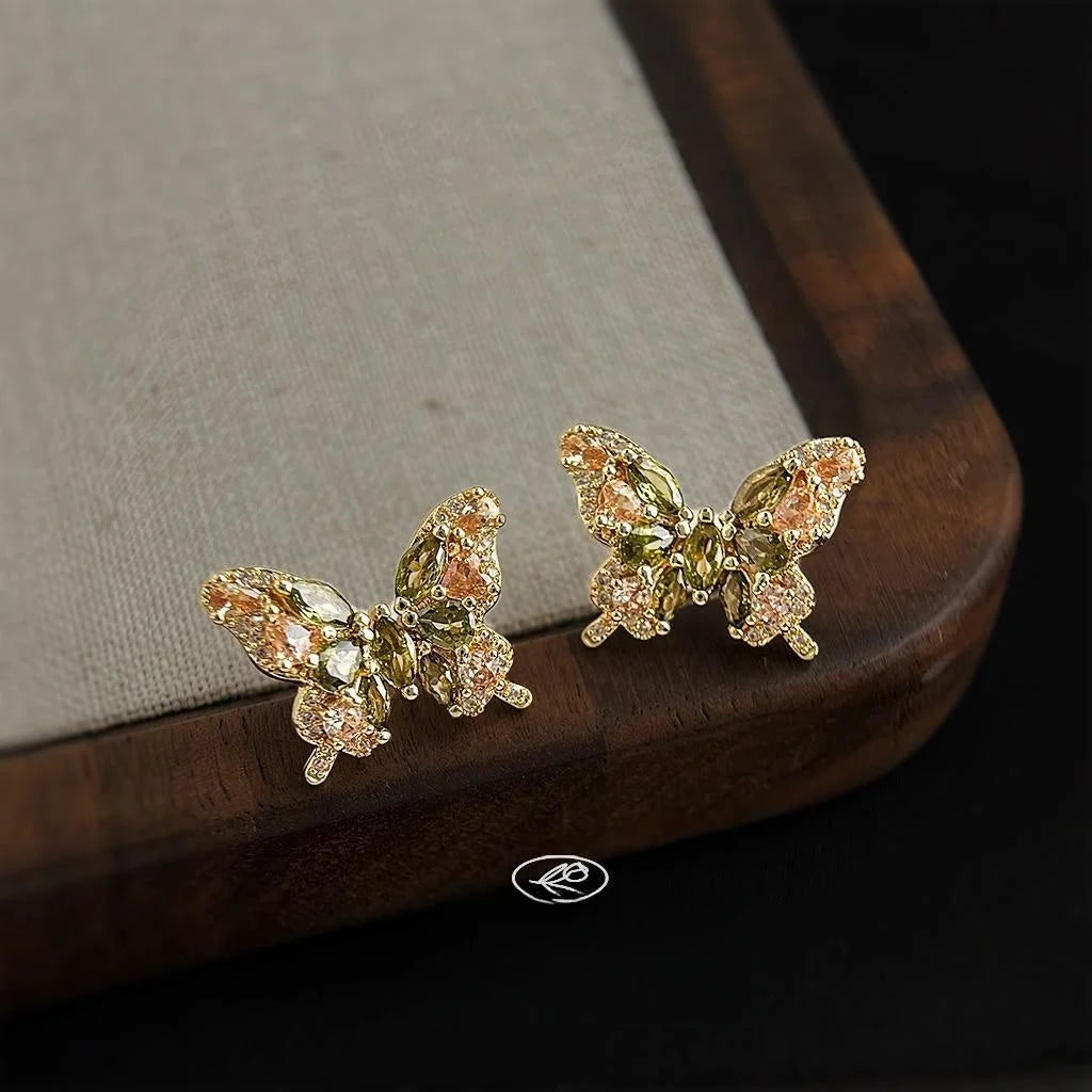 Sparkling Full Zircon Butterfly Stud Earrings Silver Plated Copper Forest Sweet Summer Jewelry