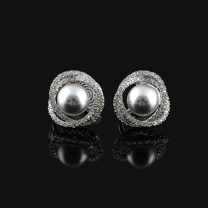 Elegant Round Spiral Rhinestone Gray Faux Pearl Stud & Clip On No Piercing Vintage French Earrings