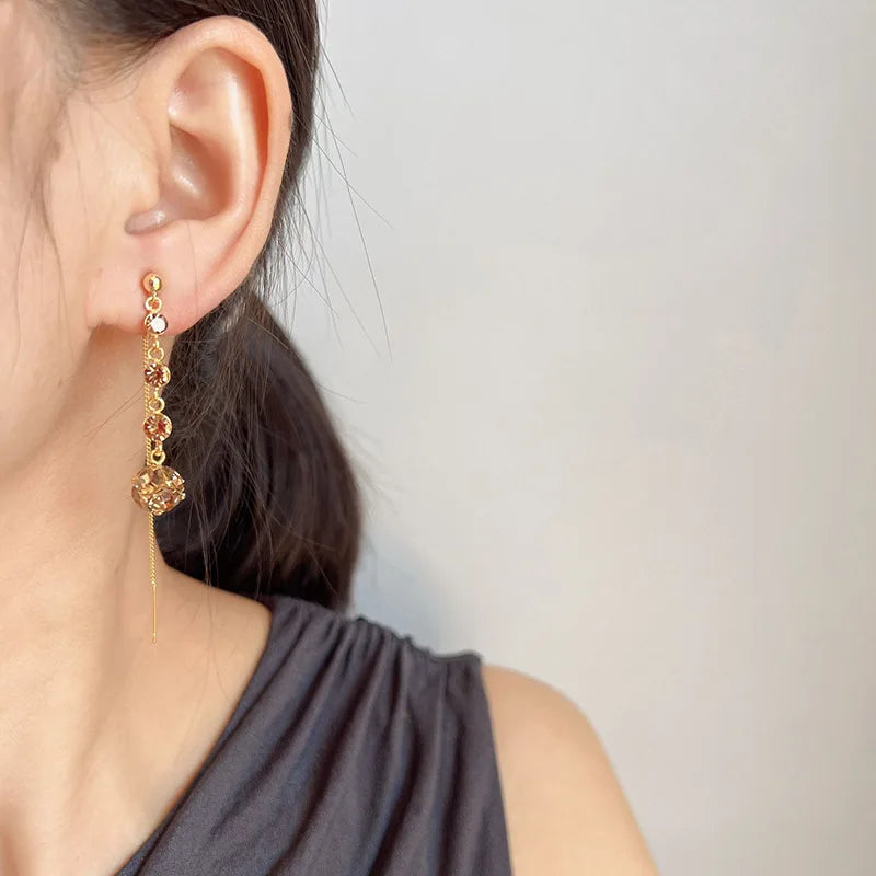 Elegant Brown Rhinestone Ball Spiral Chain Tassel Stud & Clip On No Piercing Long Drop Earrings
