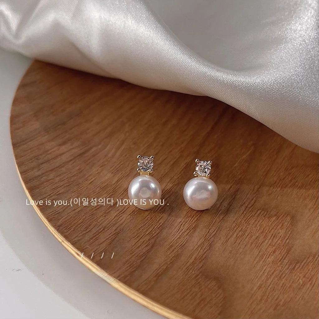 14K Gold Plated Copper Freshwater Pearl Micro Pave Zircon Round Stud Earrings Minimal Luxury Jewelry