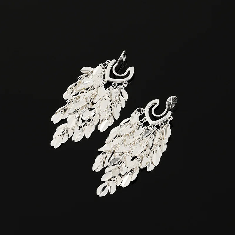 Elegant Shiny Silver Alloy Leaf Sequin Long Tassel Statement Stud & Clip On No Piercing Earrings