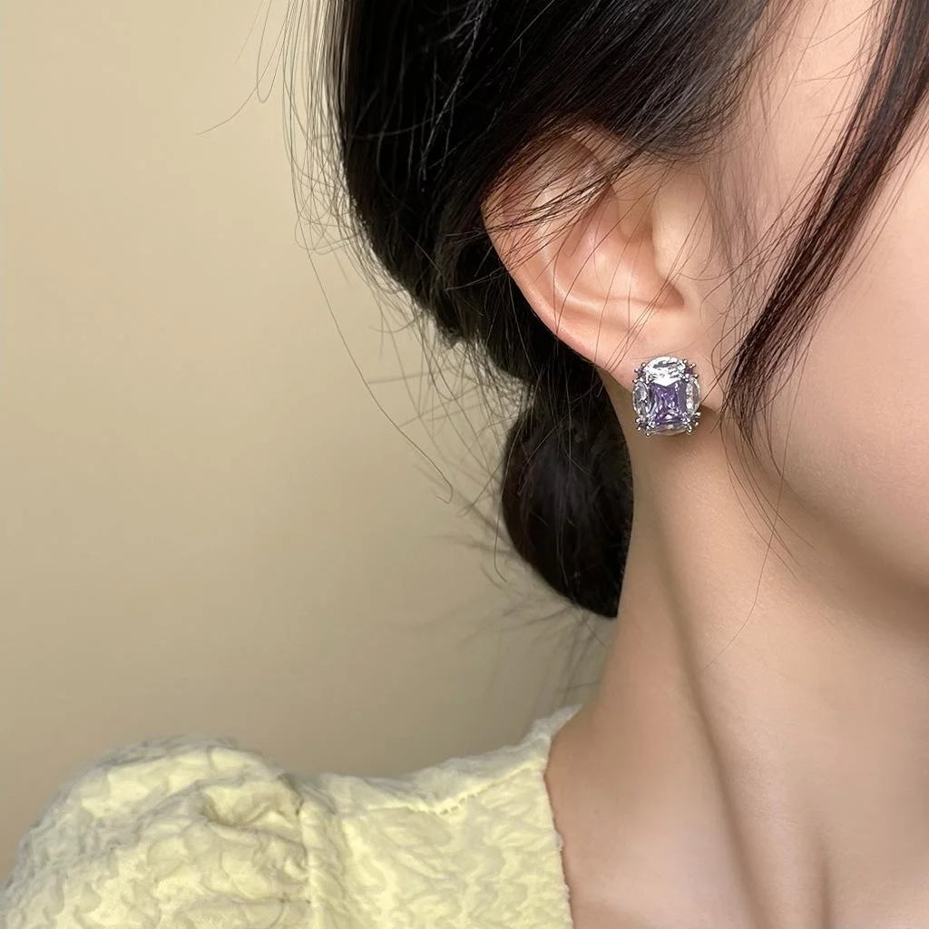 Lavender Purple Zircon Inlaid Geometric Round Oval Copper Stud Earrings Light Luxury Jewelry
