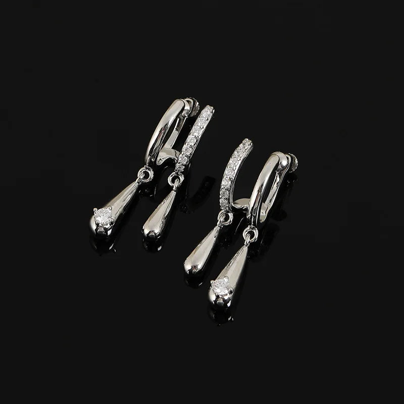 Elegant Zircon Double Hoop Teardrop Dangle Stud & Clip On No Piercing Silver Needle Fashion Earrings