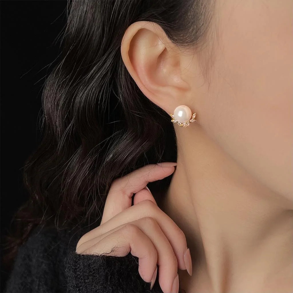 14K Gold Plated Copper Glass Pearl Zircon Floral Leaf Stud Earrings Elegant Commuter Jewelry