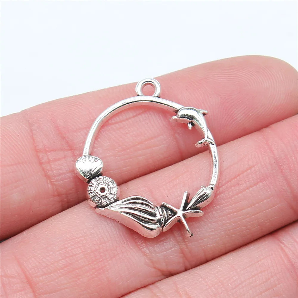 29x25mm 1.98g Antique Silver Zinc Alloy Conch Starfish Shell Round Ring Charm Pendant for DIY Jewelry
