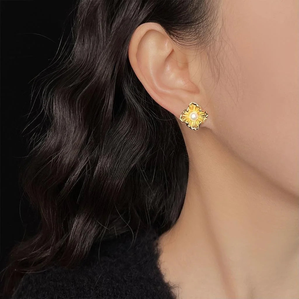 Elegant Luxury 14K Gold Plated Copper Freshwater Pearl Flower Stud Earrings