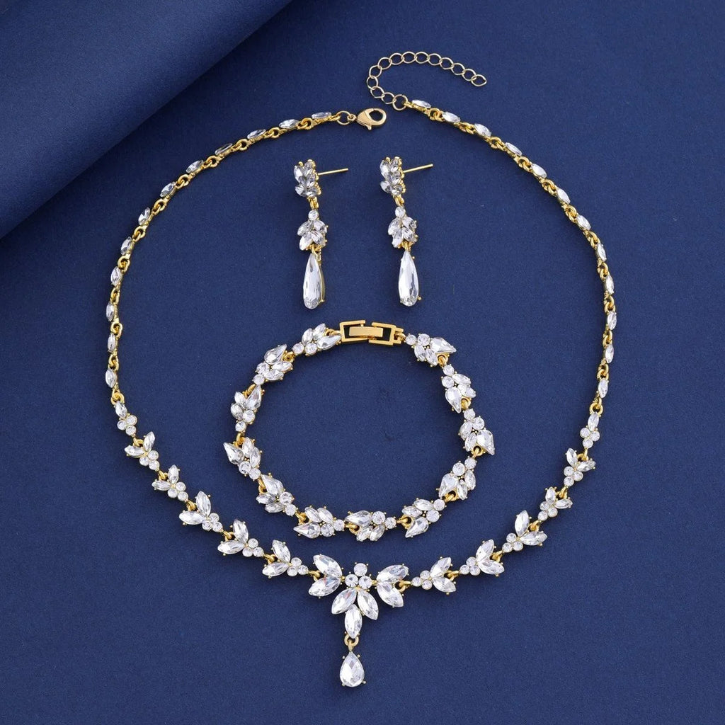 Luxury Bridal Marquise Glass Crystal Necklace Bracelet Earrings Jewelry Set For Wedding Party Banquet Gift