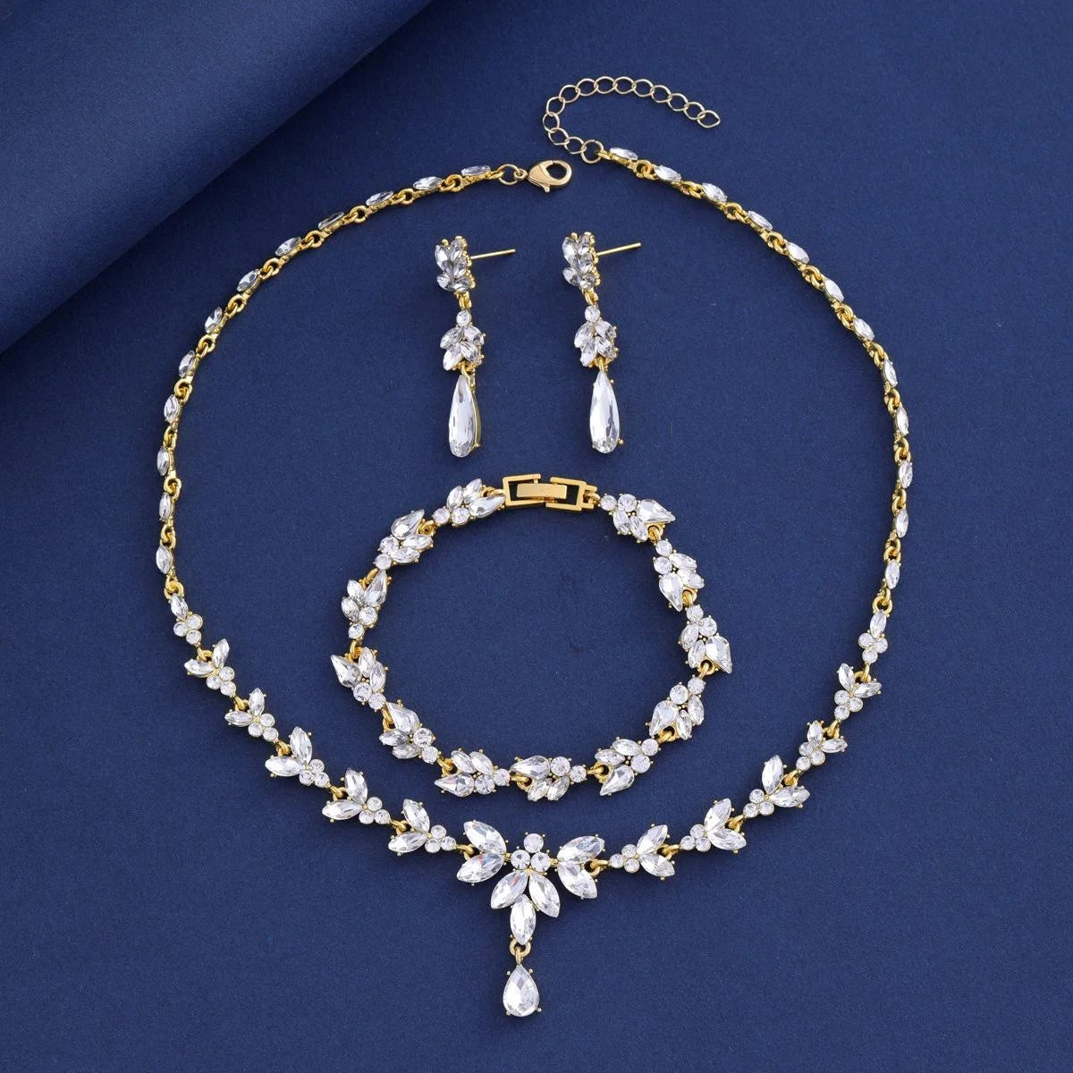 Luxury Bridal Marquise Glass Crystal Necklace Bracelet Earrings Jewelry Set For Wedding Party Banquet Gift