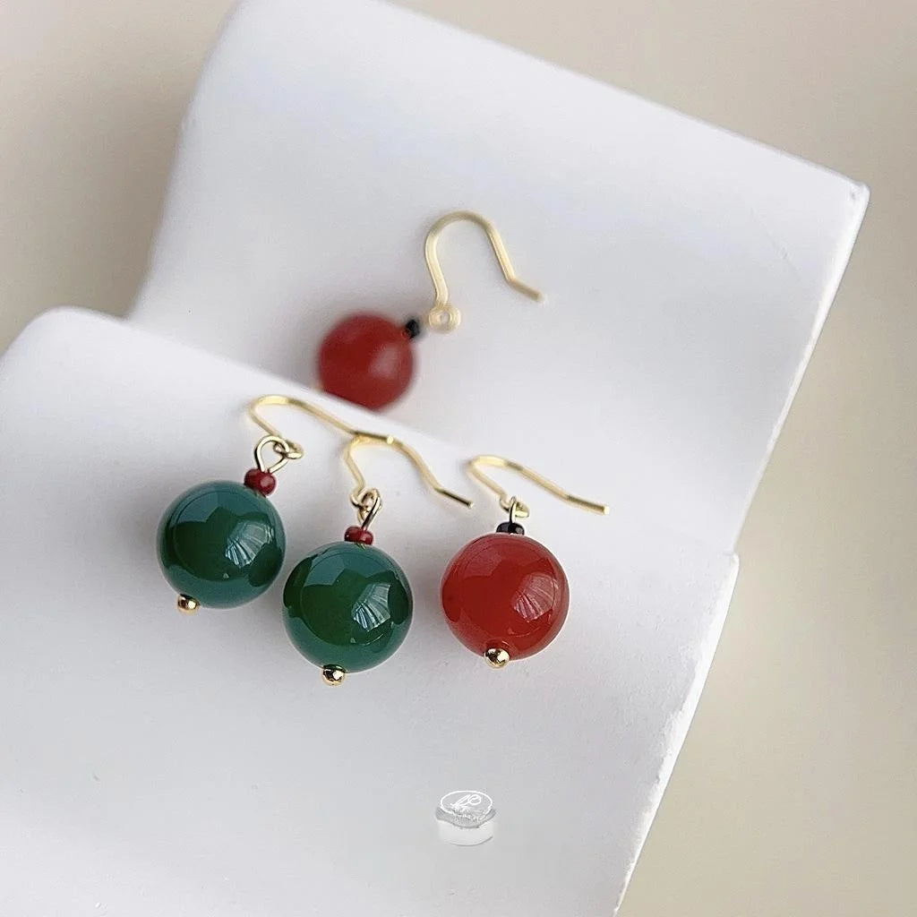 Handmade New Chinese Vintage Palace Style Red And Green Agate Round Geometric Drop Earrings