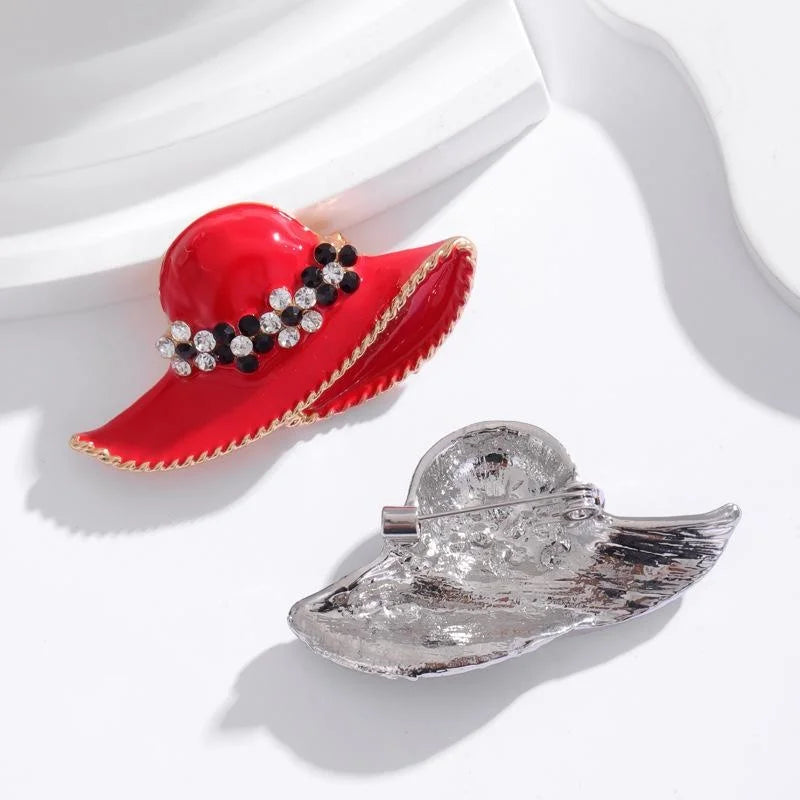 Elegant Red Enamel Beach Hat Brooch With Rhinestones, Alloy Lapel Pin Corsage For Women's Coats