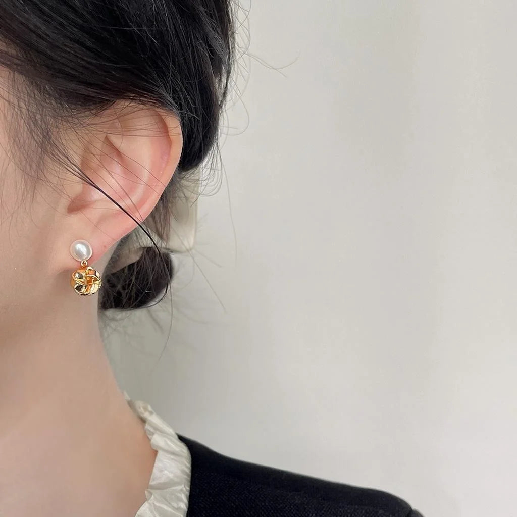Minimalist Freshwater Pearl Geometric Line Drop Earrings 14K Gold Plated Copper Elegant Daily Jewelry