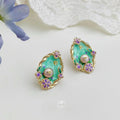 Sweet Forest Style 14K Plated Enamel Oval Freshwater Pearl Stud Earrings