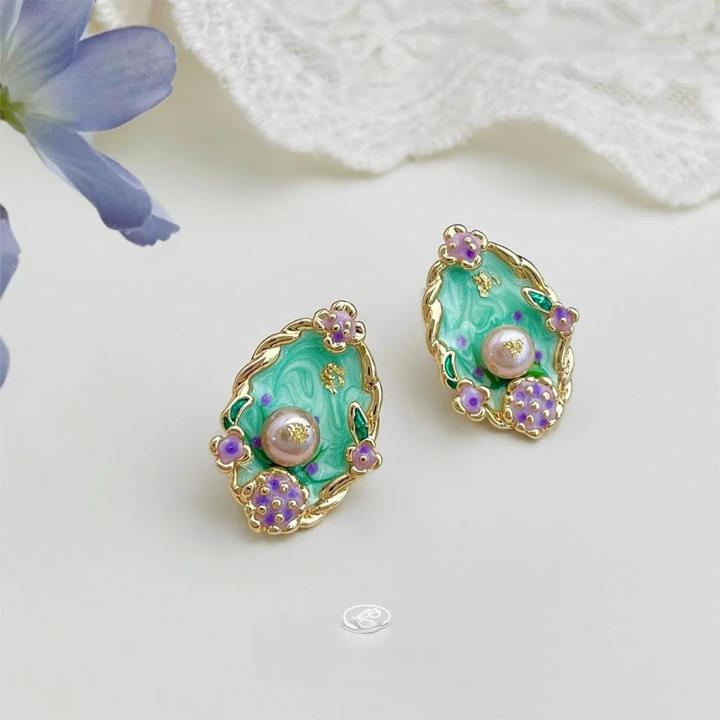 Sweet Forest Style 14K Plated Enamel Oval Freshwater Pearl Stud Earrings