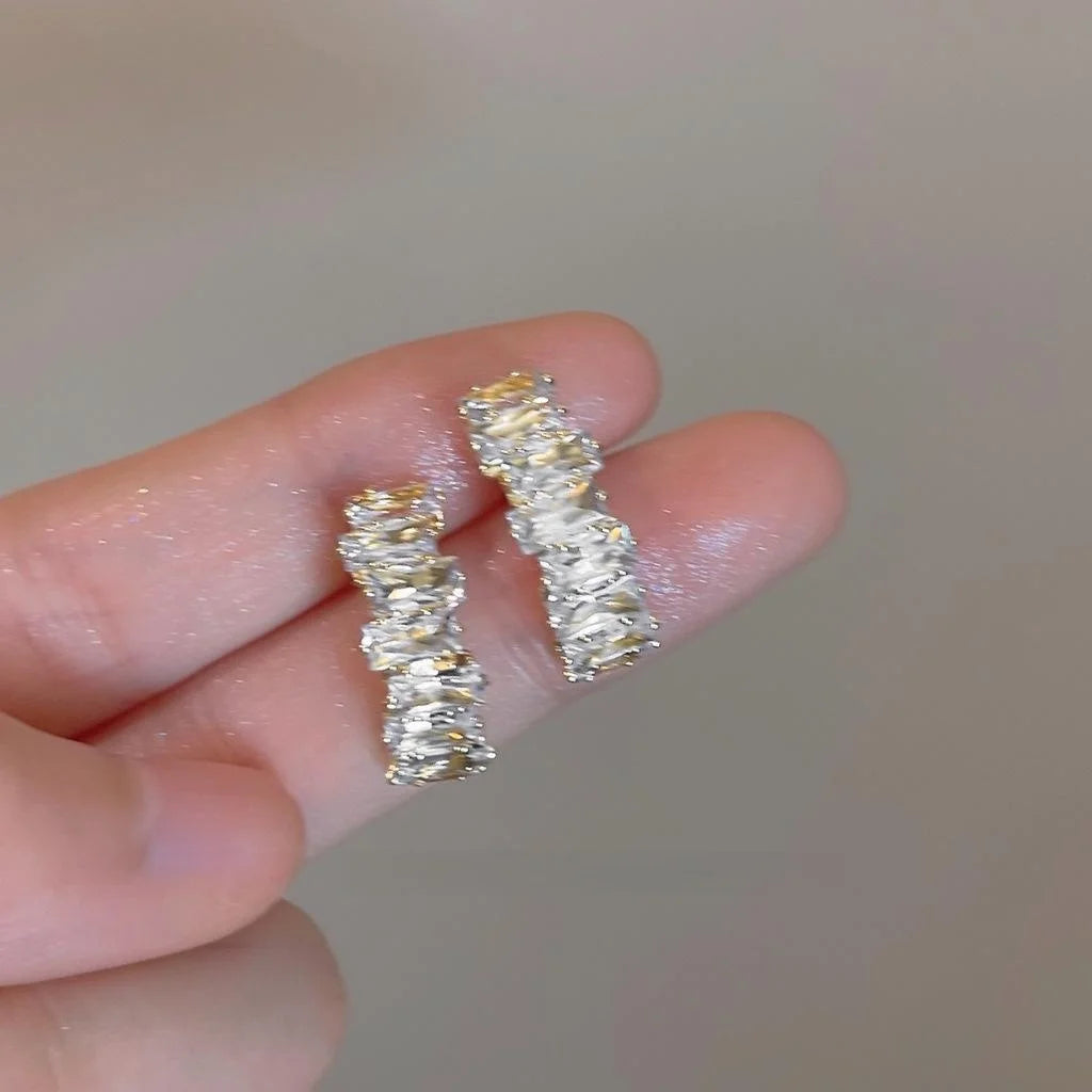 Silver Plated Needle 14K Gold Plated Zircon Stud Earrings Irregular Geometric Minimalist Style