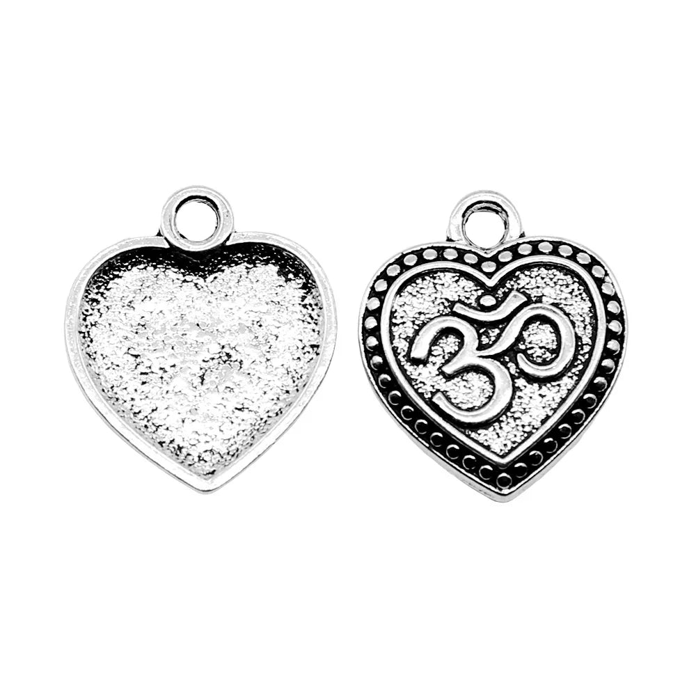 22x19mm 2.3g Antique Silver Zinc Alloy Heart OM Tag Charm Pendant for DIY Bracelet Necklace Making