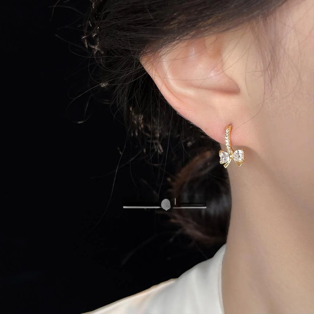 Micro Pave Zircon 14K Plated Bow Stud Earrings Sweet Minimalist Copper Jewelry