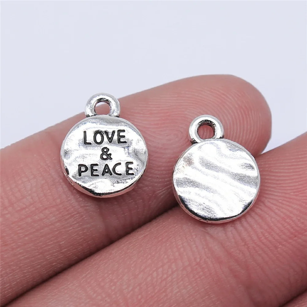 10x10mm 0.9g Antique Silver Zinc Alloy LOVE & PEACE Round Tag Letter Charm Pendant for DIY Bracelets