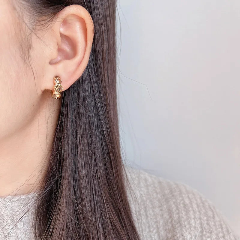 Luxury Gold Tone Brown Crystal Rhinestone Spiral Hoop Stud & Clip On No Piercing Alloy Circle Earrings