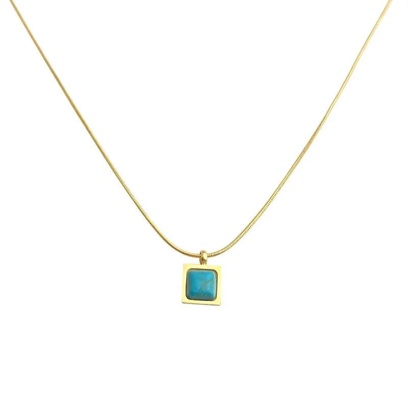 Vintage Stainless Steel Square Synthetic Turquoise Pendant Threaded Chain Necklace