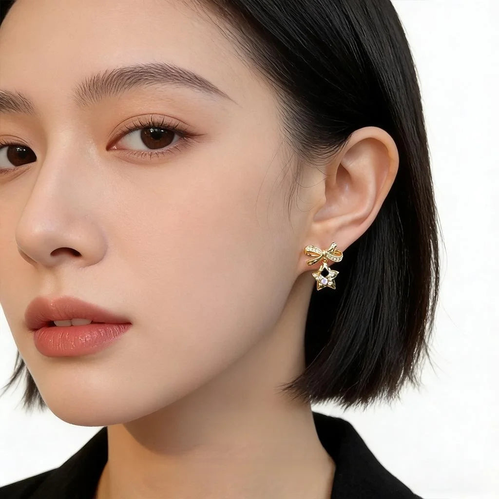 Style Meteor Bow Star Drop Earrings Copper Zircon Micro Pave Sweet Jewelry