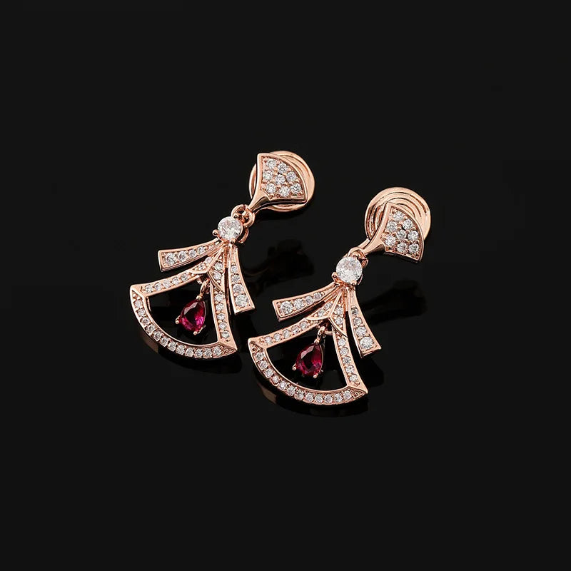 Elegant Fan Skirt Zircon Rhinestone Drop Stud & Clip On No Piercing Rose Gold Alloy Earrings