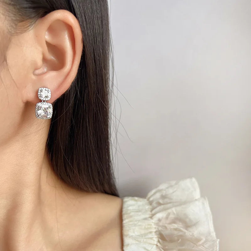 Luxury Square Zircon Rhinestone Drop Stud & Clip On No Piercing Geometric Spiral Women's Earrings