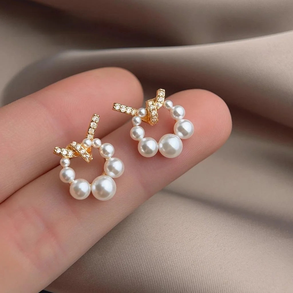 14K Plated Copper Zircon Pearl Geometric Rope Knot Stud Earrings For Women Luxury Minimalist