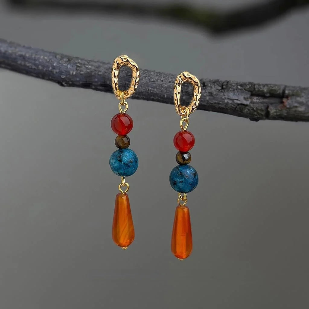 Vintage Ethnic Copper Red Agate Tiger Eye Geometric Tassel Drop Earrings